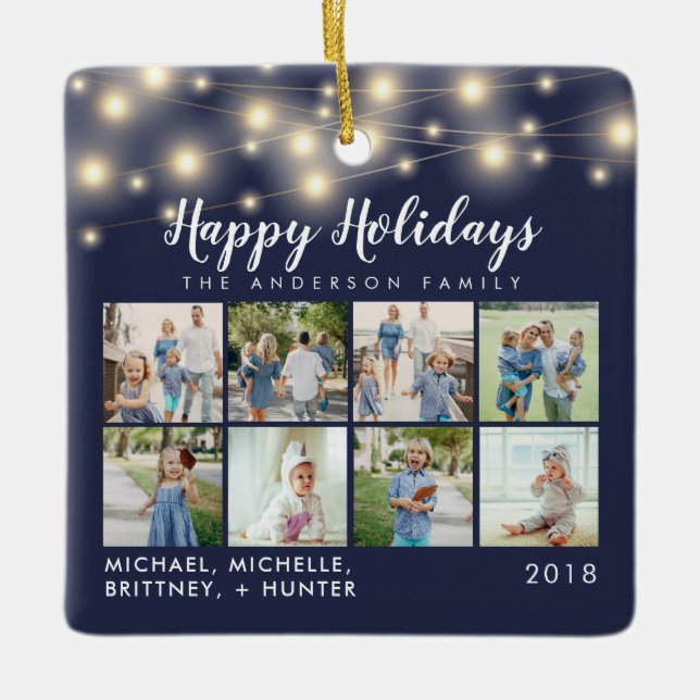 Navy Blue String Lights 8 Photo Holiday Ceramic Ornament (Front)