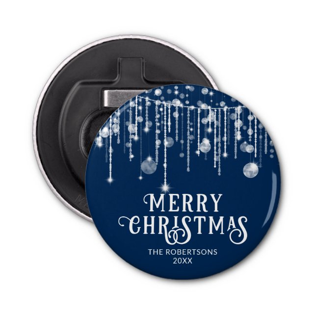 Navy Blue String Lights Christmas Party Bottle Opener (Front)