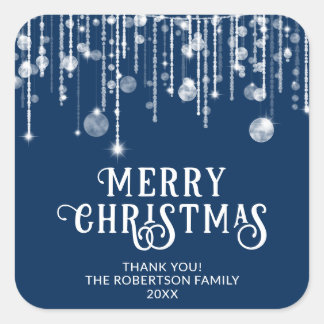 Navy Blue String Lights Christmas Party Favour Square Sticker