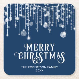 Navy Blue String Lights Christmas Party Square Paper Coaster