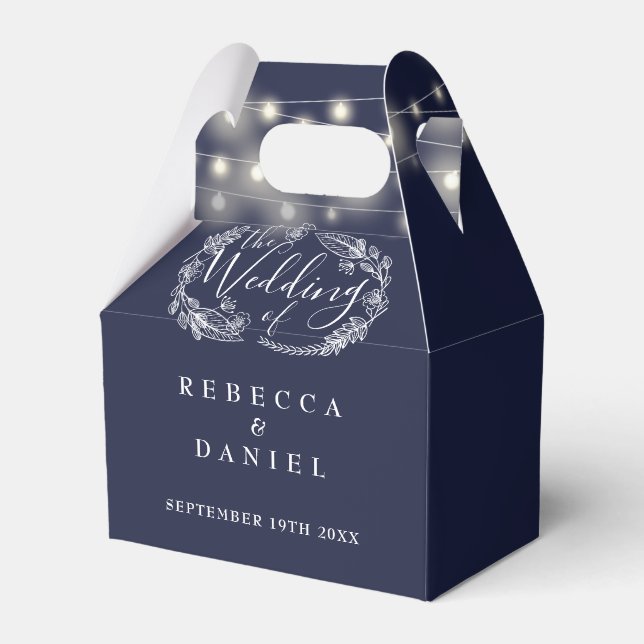 Navy Blue String Lights Floral Wedding Favor Box (Front Side)