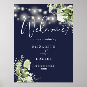 Navy Blue String Lights Floral Wedding Welcome Poster