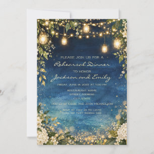 Navy Blue String Lights Garden Rehearsal Dinner Invitation