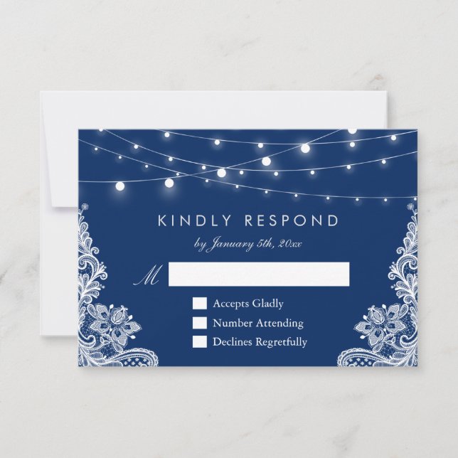 Navy Blue String Lights Lace Wedding RSVP Reply (Front)