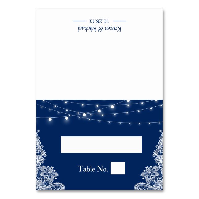 Navy Blue String Lights Lace Wedding Seating Place Table Number (Front)
