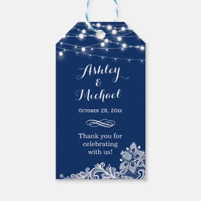 Navy Blue String Lights Lace Wedding Thank You Gift Tags (Front)