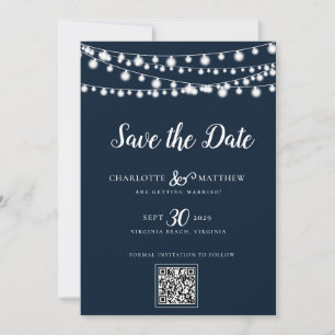 Navy Blue  String Lights Modern Script Save the Date