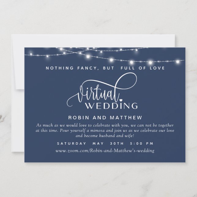 Navy Blue, String Lights, Online Virtual Wedding Invitation (Front)