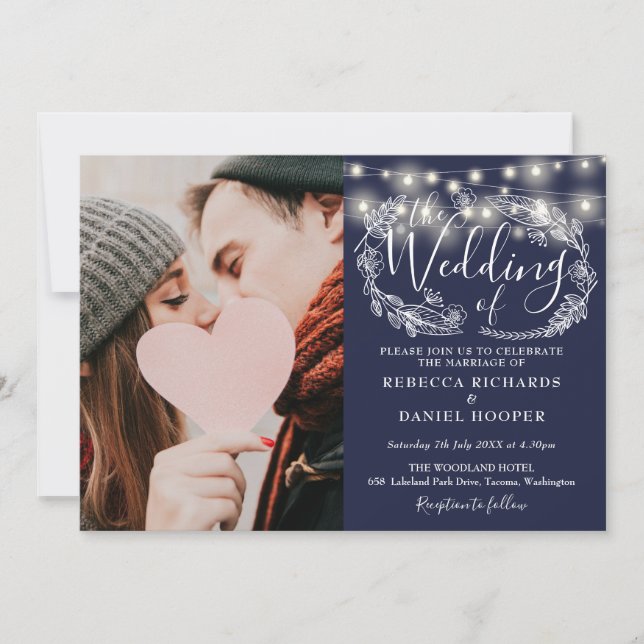 Navy Blue String Lights Photo All In One Wedding Invitation (Front)