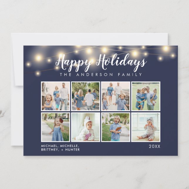 Navy Blue String Lights Photo Collage Holiday Card (Front)