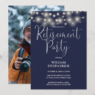 Navy Blue String Lights Photo Retirement Party Invitation