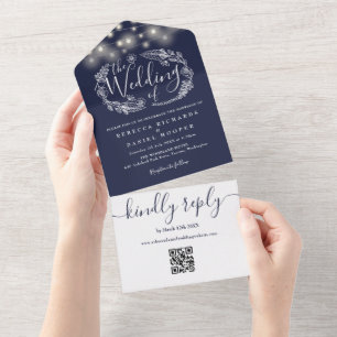 Navy Blue String Lights QR Code Wedding All In One Invitation