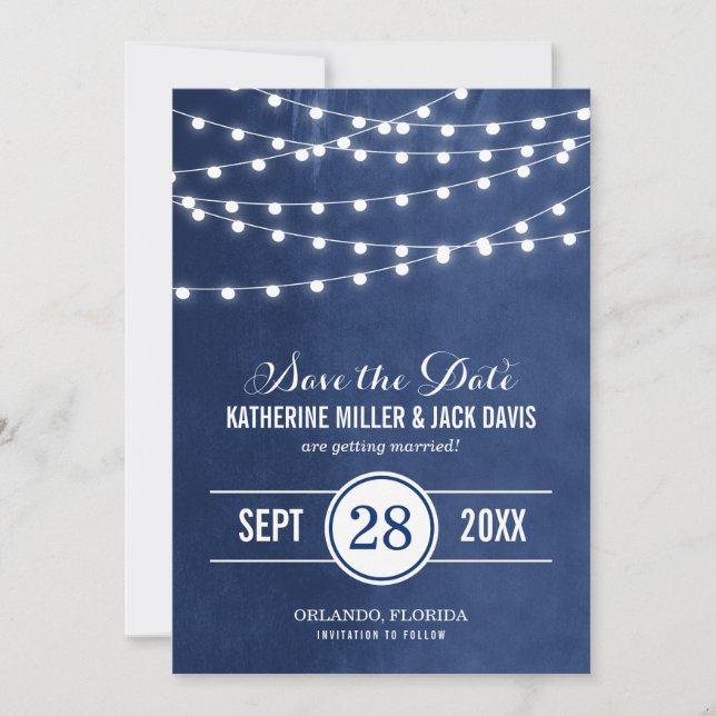 Navy Blue String Lights Save the Date Announcement (Front)