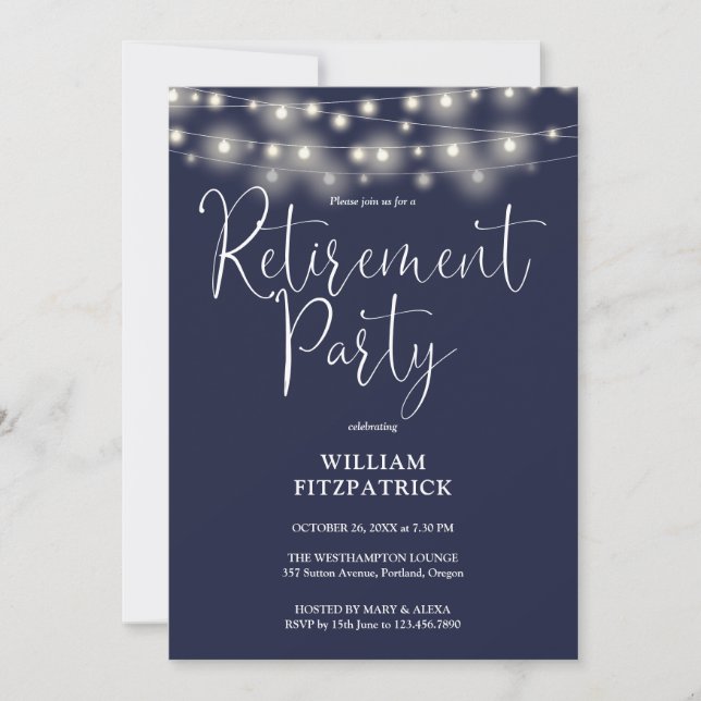 Navy Blue String Lights Script Retirement Party Invitation (Front)
