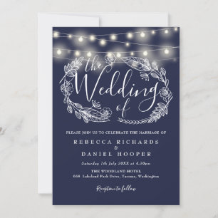 Navy Blue String Lights Script Wedding Invitation
