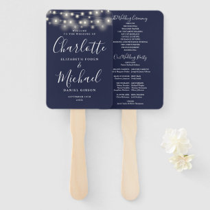 Navy Blue String Lights Script Wedding Program Hand Fan