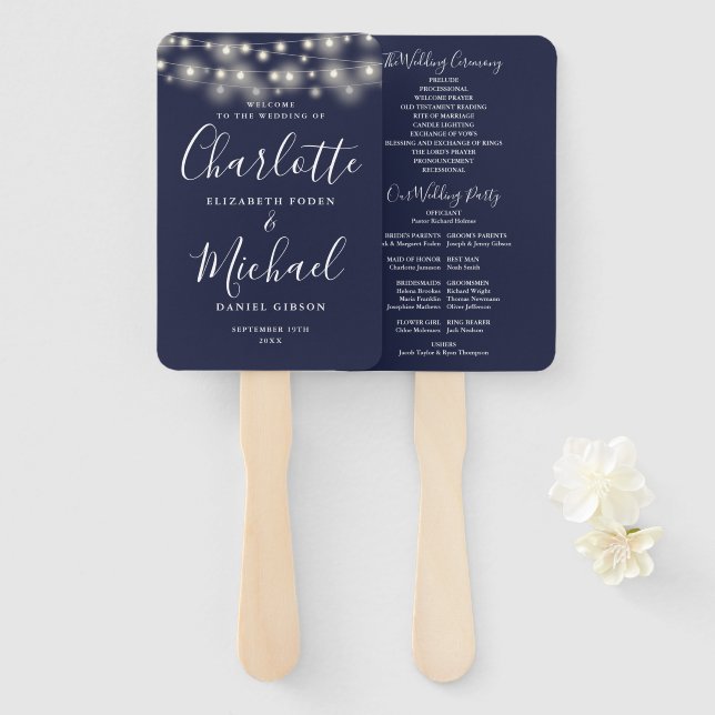 Navy Blue String Lights Script Wedding Program Hand Fan (Front and Back)