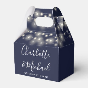 Navy Blue String Lights Signature Script Wedding Favor Box