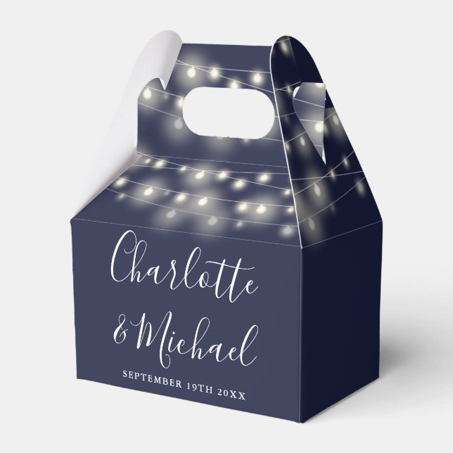 Navy Blue String Lights Signature Script Wedding Favor Box (Front Side)