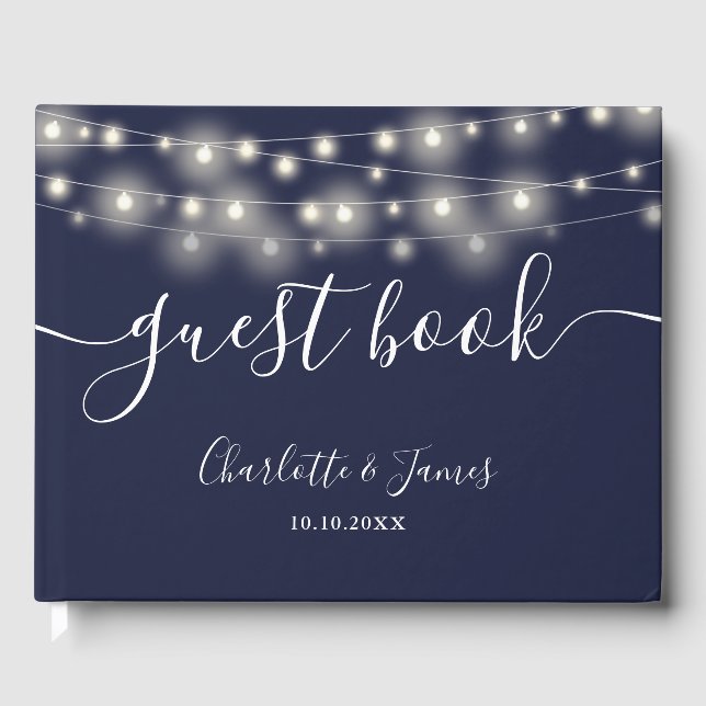 Navy Blue String Lights Signature Script Wedding Guest Book (Front)