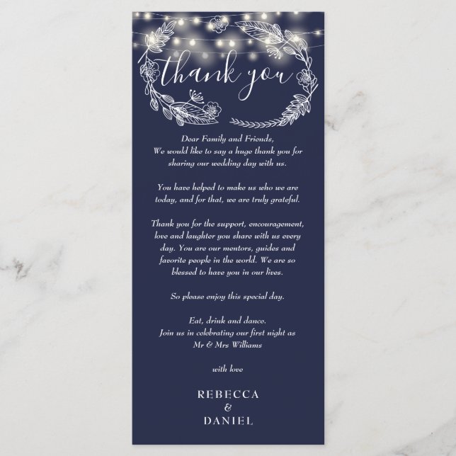 Navy Blue String Lights Thank You Place Card (Front)