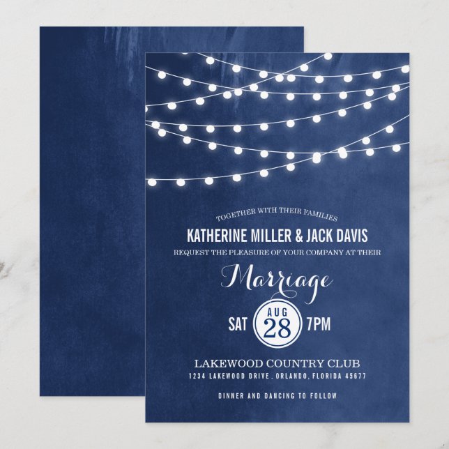 Navy Blue String Lights Wedding Invitation (Front/Back)