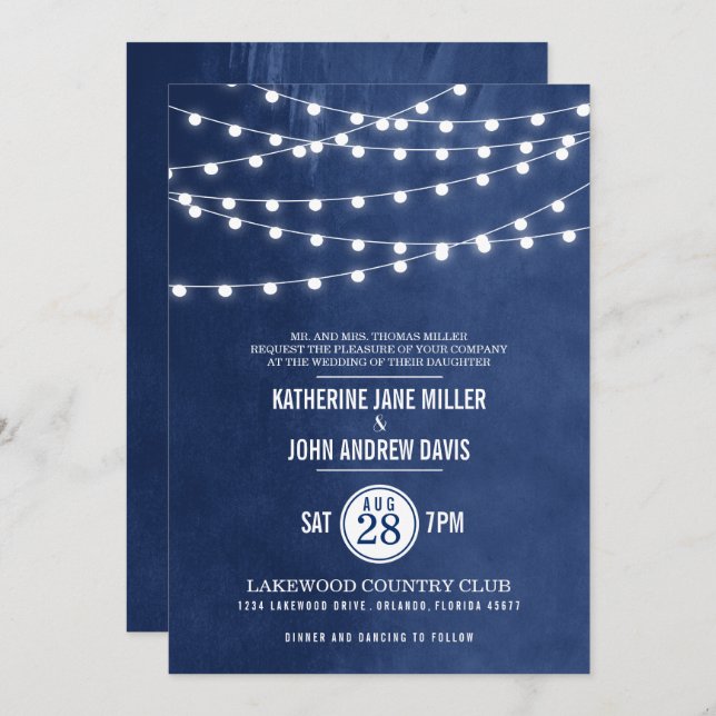 Navy Blue String Lights Wedding Invitation (Front/Back)