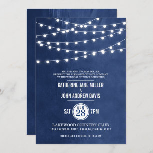 Navy Blue String Lights Wedding Invitation