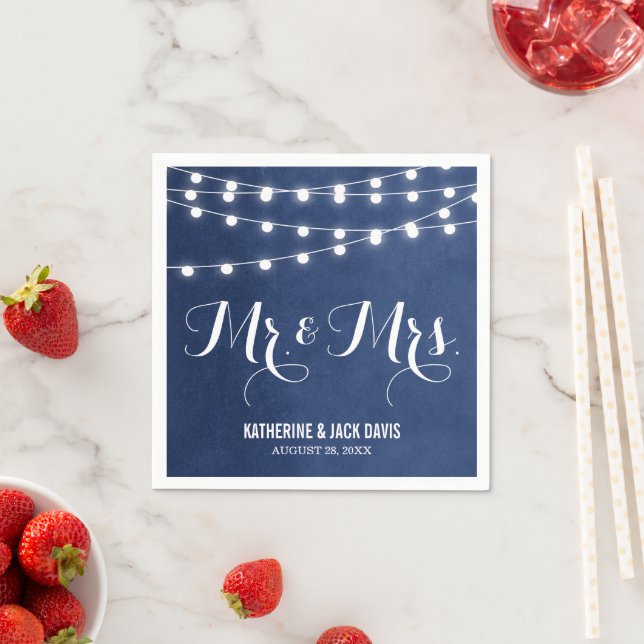 Navy Blue String Lights Wedding Monogram Napkin (Insitu)
