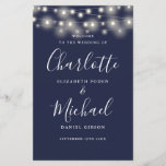 Navy Blue String Lights Wedding Program<br><div class="desc">Navy blue signature script wedding program featuring pretty string lights and chic modern typography. This stylish wedding program can be personalized with your special wedding day information. Designed by Thisisnotme©</div>