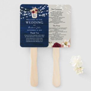 Navy Blue String Lights Wedding Program Hand Fan