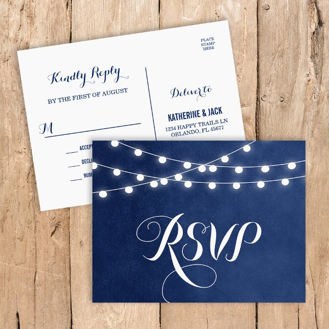 Navy Blue String Lights Wedding RSVP Postcard (Creator Uploaded)