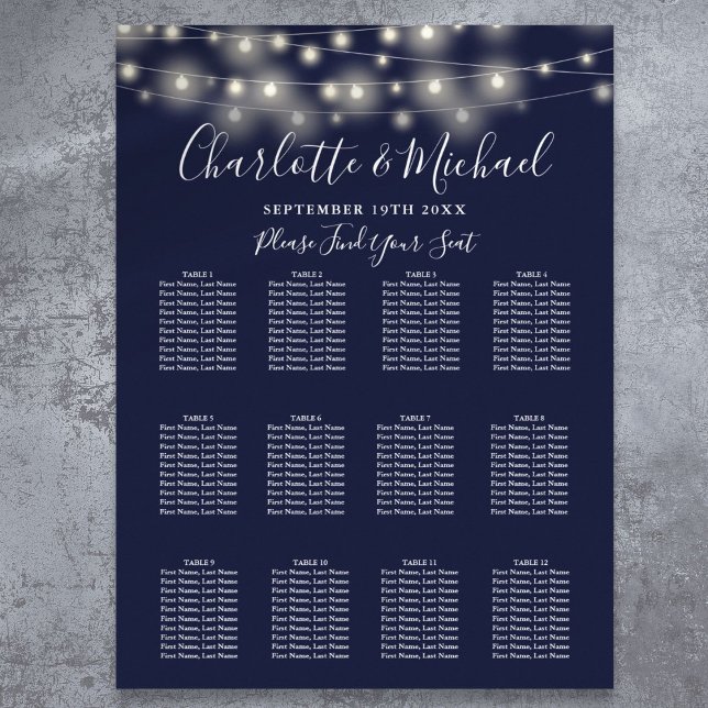 Navy Blue String Lights Wedding Seating Chart (Navy Blue String Lights Wedding Seating Chart)