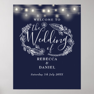 Navy Blue String Lights Wedding Welcome Sign