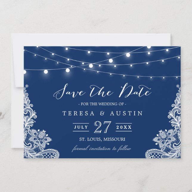 Navy Blue String Lights White Lace | Save the Date (Front)