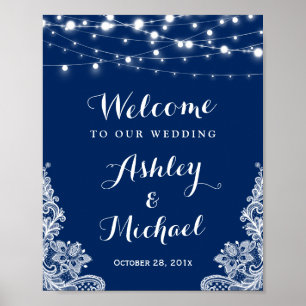 Navy Blue String Lights White Lace Wedding Sign