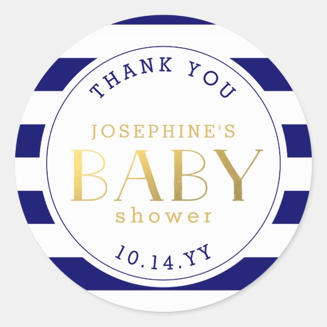 Navy Blue Stripe and Faux Gold Baby Shower Classic Round Sticker (Front)