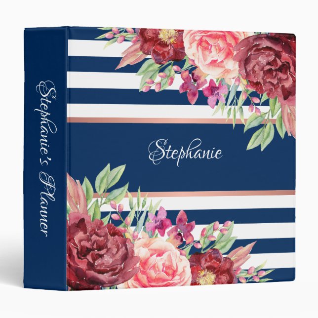 Navy Blue Stripe Burgundy Floral Personalized Binder (Front/Spine)
