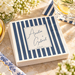 Navy Blue Stripe Coastal Wedding Chic Napkin
