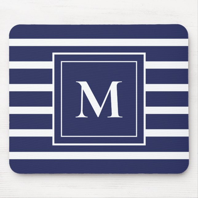 Navy Blue Stripe Modern Monogram Coastal Beach Mouse Pad (Front)
