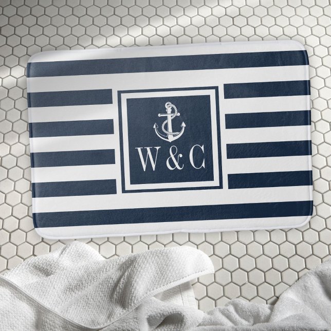Navy Blue Stripe Monogram Initials Nautical Anchor Bath Mat (Navy Blue Stripe Monogram Initials Nautical Anchor Bath Mat)