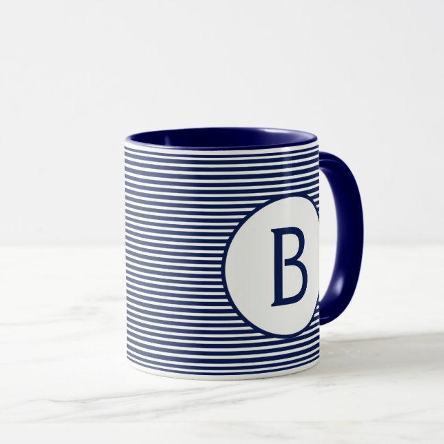Navy Blue Stripe Monogram Mug (Front Right)