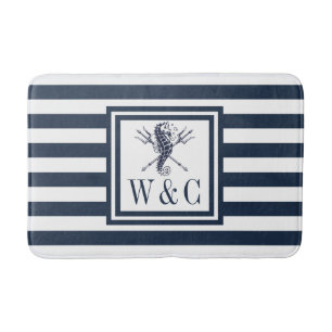 Navy Blue Stripe Monogram Nautical Seahorse Bath M Bath Mat