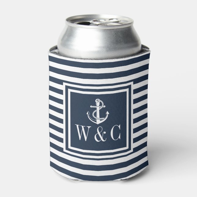 Navy Blue Stripe Nautical Anchor Monogram Can Cooler (Can Front)