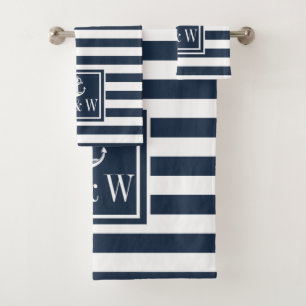 Navy Blue Stripe Nautical Anchor Monogram Initials Bath Towel Set
