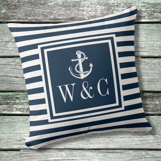 Navy Blue Stripe Nautical Anchor Monogram Throw Pi Throw Pillow (Creator Uploaded)