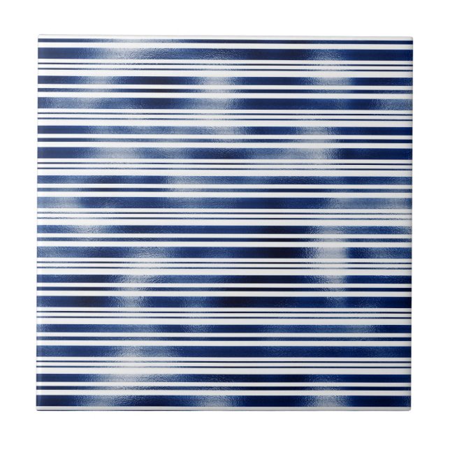 Navy blue stripe pattern faux metallic foil shine tile (Front)