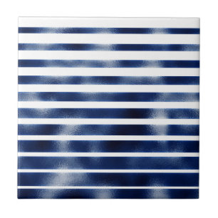 Navy blue stripe pattern faux metallic foil white tile