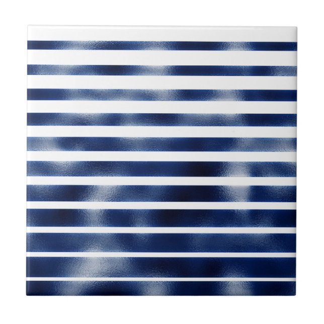 Navy blue stripe pattern faux metallic foil white tile (Front)