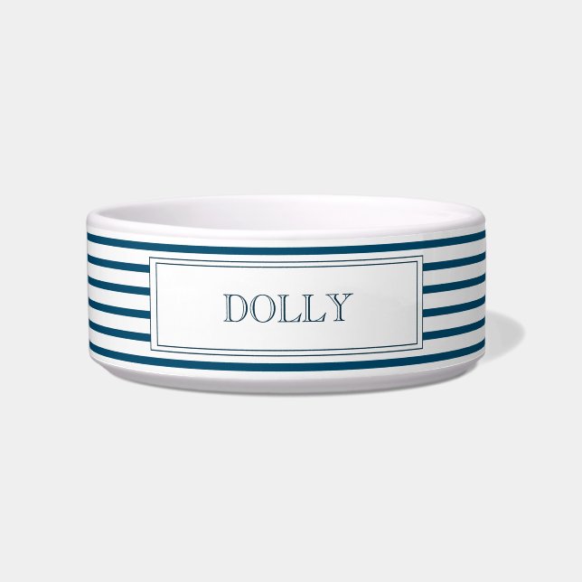Navy Blue Stripe | Personalized Pet Bowl (Front)